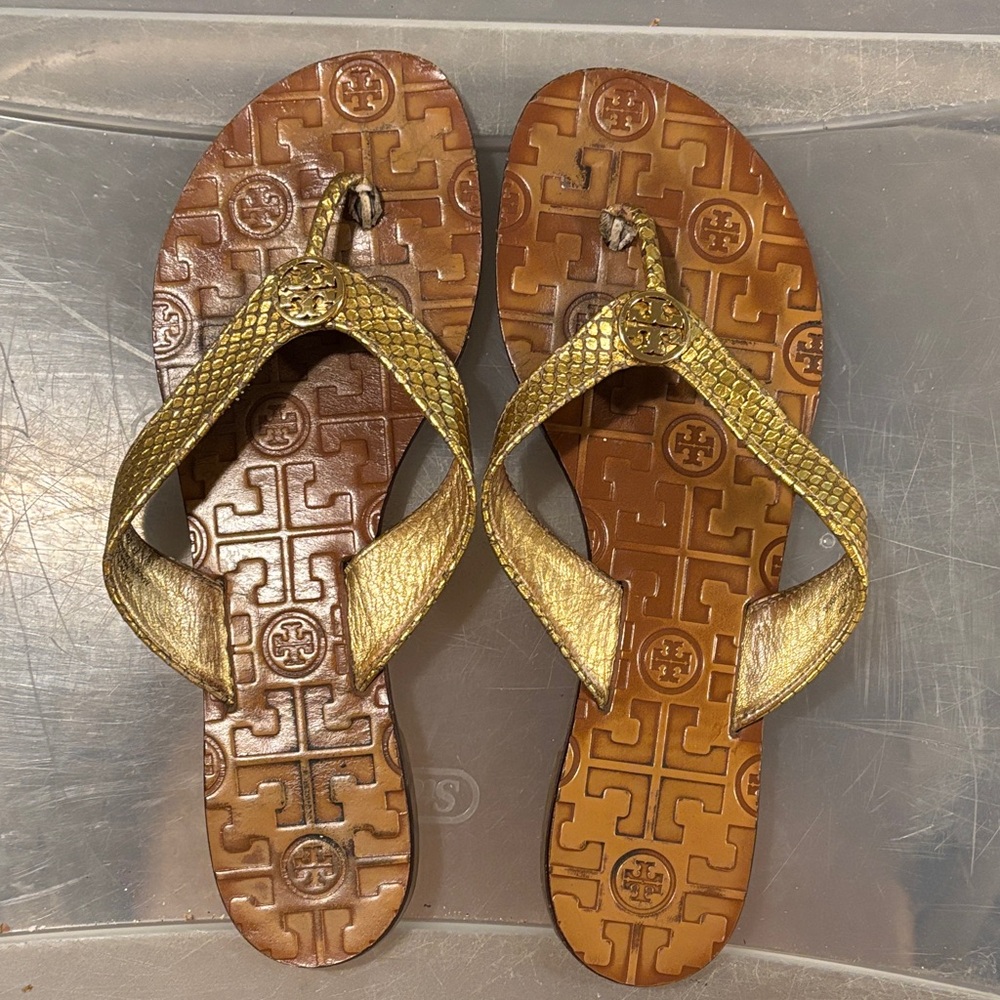 Tory Burch Metallic Gold and Tan Sandals